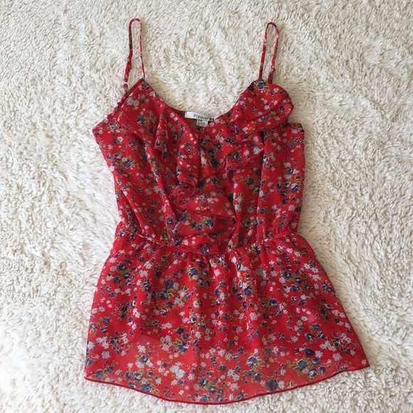 Forever 21 Tops - Red floral spaghetti strap ruffle blouse F21 M